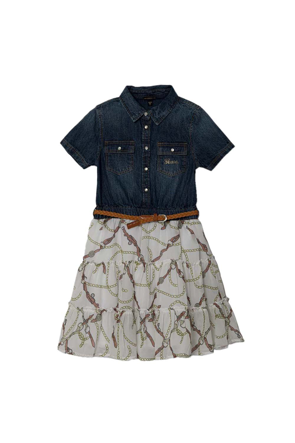 MIXED FABRIC SS DRESS W/BELT 